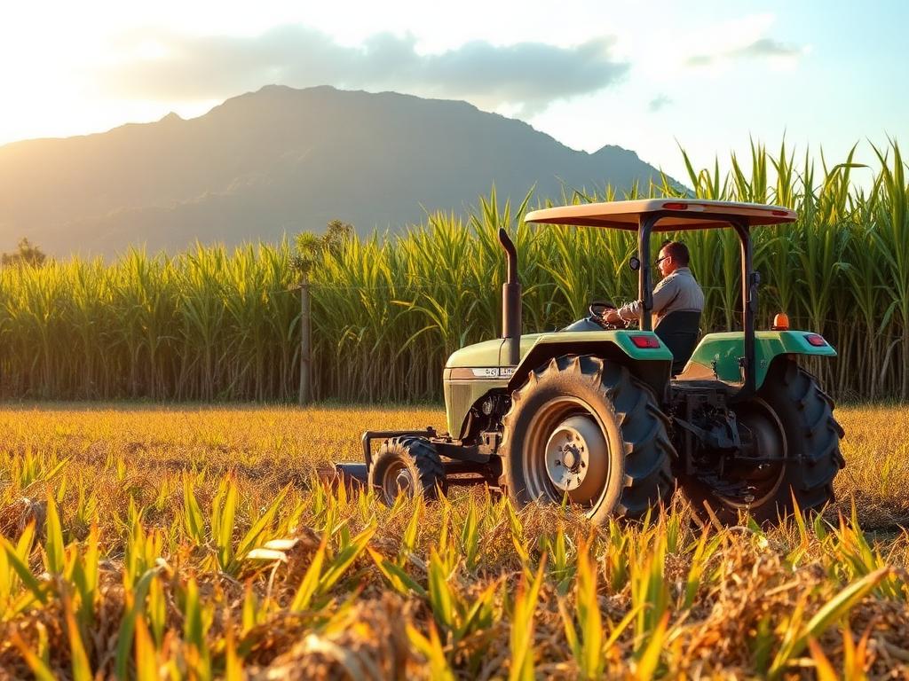 Exploitation agricole et tracteur dans un champ de canne à La Réunion